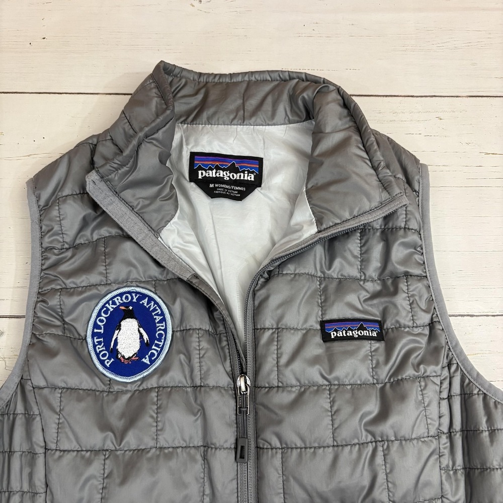 Patagonia Nano Puff Vest M Gray Full Zip Primaloft Antarctica Port Lockroy Patch - Picture 3 of 13